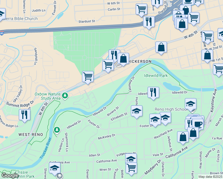 map of restaurants, bars, coffee shops, grocery stores, and more near 2300 Dickerson Road in Reno