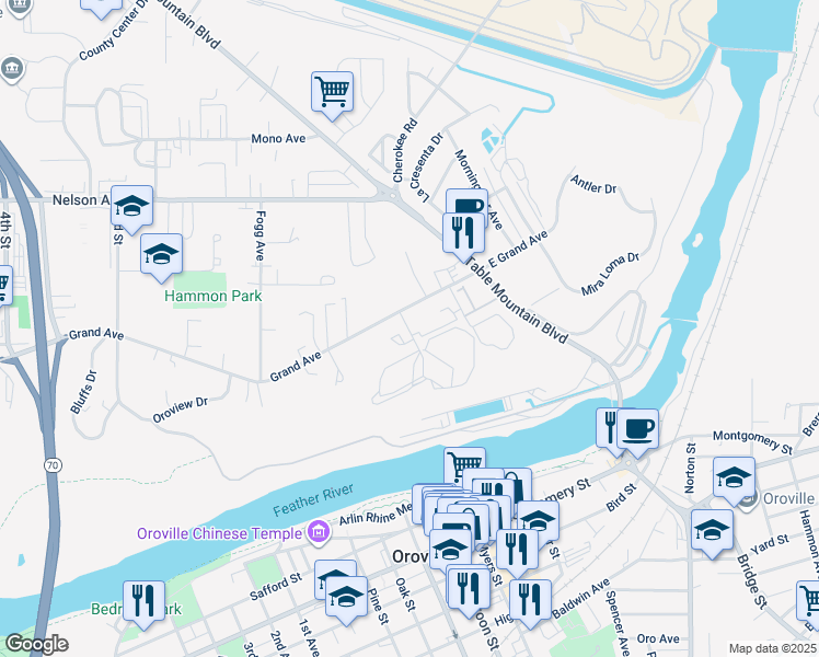 map of restaurants, bars, coffee shops, grocery stores, and more near 85 Tuscan Villa Drive in Oroville
