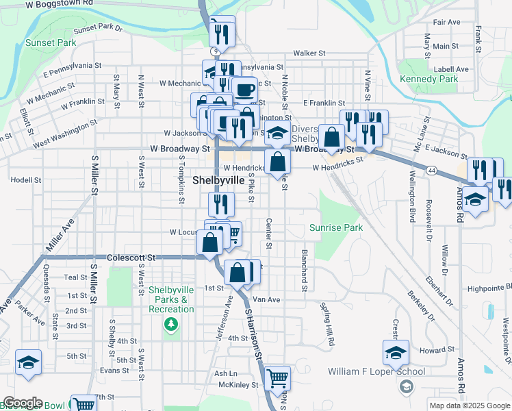 map of restaurants, bars, coffee shops, grocery stores, and more near 508 508 1/2 S Pike Street in Shelbyville