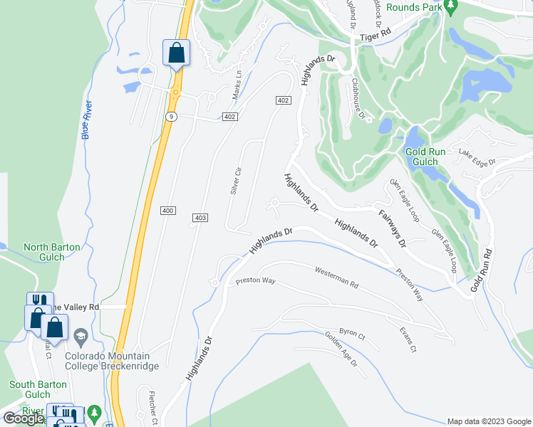 map of restaurants, bars, coffee shops, grocery stores, and more near 125 Mumford Place in Breckenridge