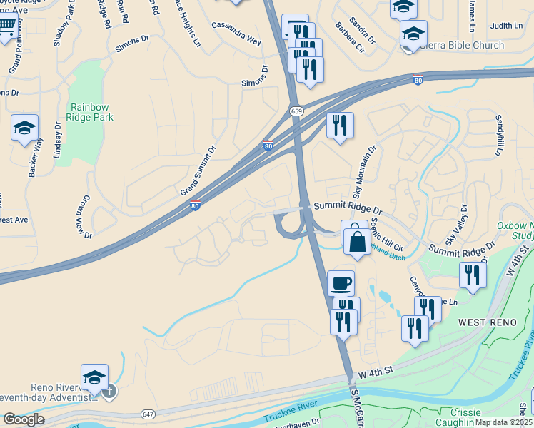 map of restaurants, bars, coffee shops, grocery stores, and more near 5200 Summit Ridge Drive in Reno