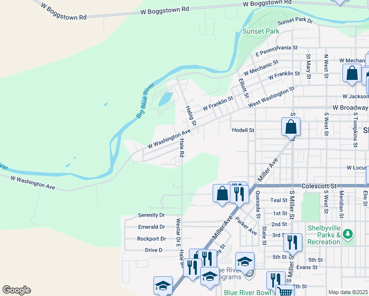 map of restaurants, bars, coffee shops, grocery stores, and more near 104 Hale Road in Shelbyville