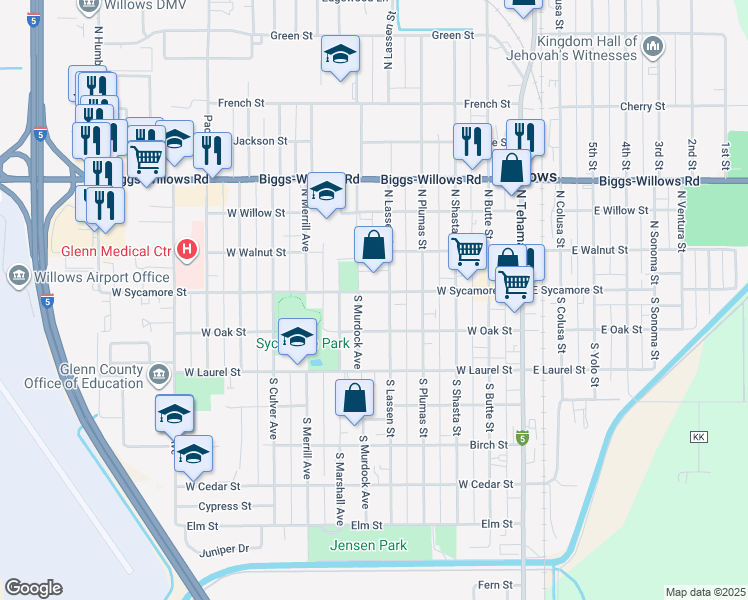map of restaurants, bars, coffee shops, grocery stores, and more near 526 West Sycamore Street in Willows