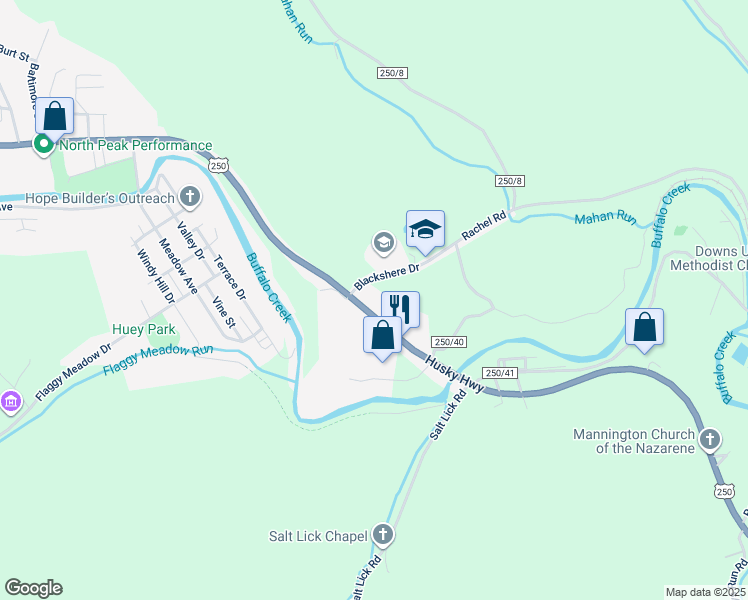 map of restaurants, bars, coffee shops, grocery stores, and more near 5184 Husky Highway in Mannington