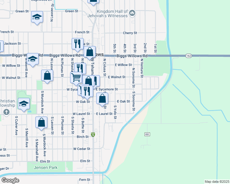 map of restaurants, bars, coffee shops, grocery stores, and more near 123 South Yolo Street in Willows