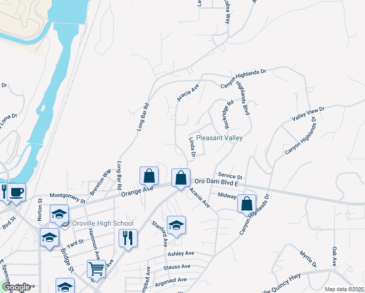 map of restaurants, bars, coffee shops, grocery stores, and more near 112 Acacia Avenue in Oroville