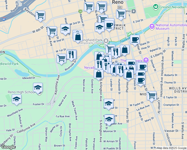 map of restaurants, bars, coffee shops, grocery stores, and more near in Reno