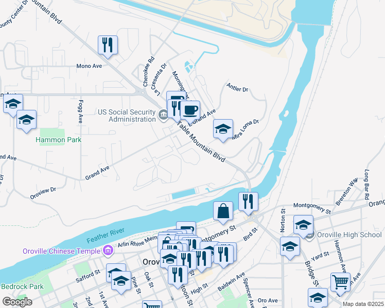 map of restaurants, bars, coffee shops, grocery stores, and more near 115 Tuscany Drive in Oroville