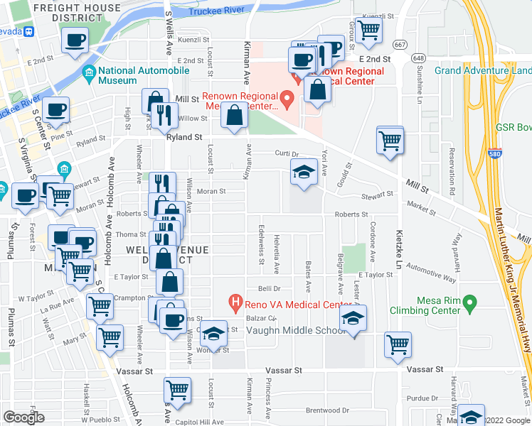 map of restaurants, bars, coffee shops, grocery stores, and more near 879 Roberts Street in Reno