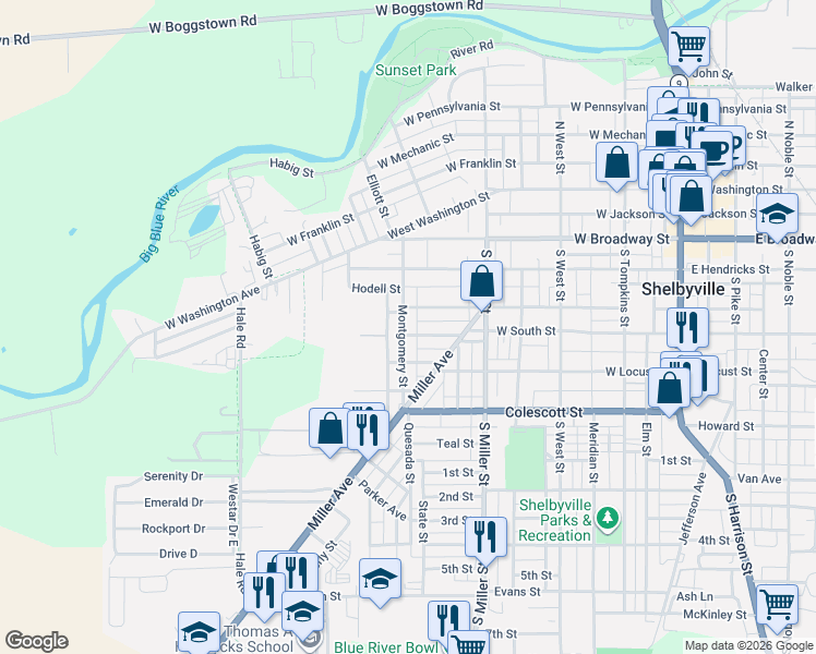 map of restaurants, bars, coffee shops, grocery stores, and more near 515 Montgomery Street in Shelbyville