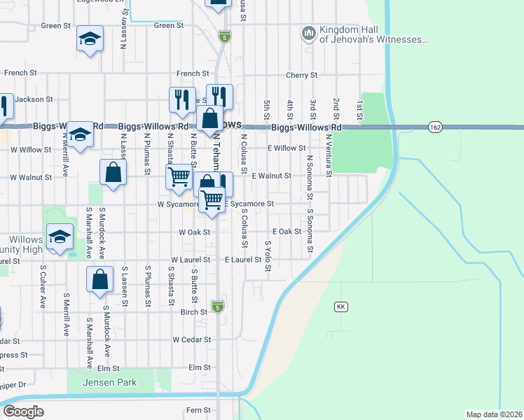 map of restaurants, bars, coffee shops, grocery stores, and more near 336 East Sycamore Street in Willows