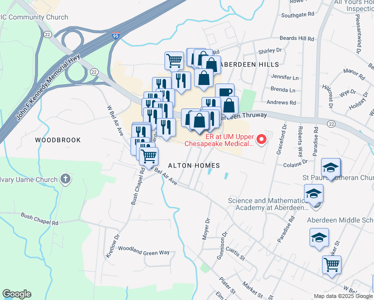 map of restaurants, bars, coffee shops, grocery stores, and more near 118 Grant Street in Aberdeen