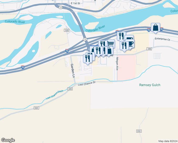 map of restaurants, bars, coffee shops, grocery stores, and more near 897 Taugenbaugh Boulevard in Rifle