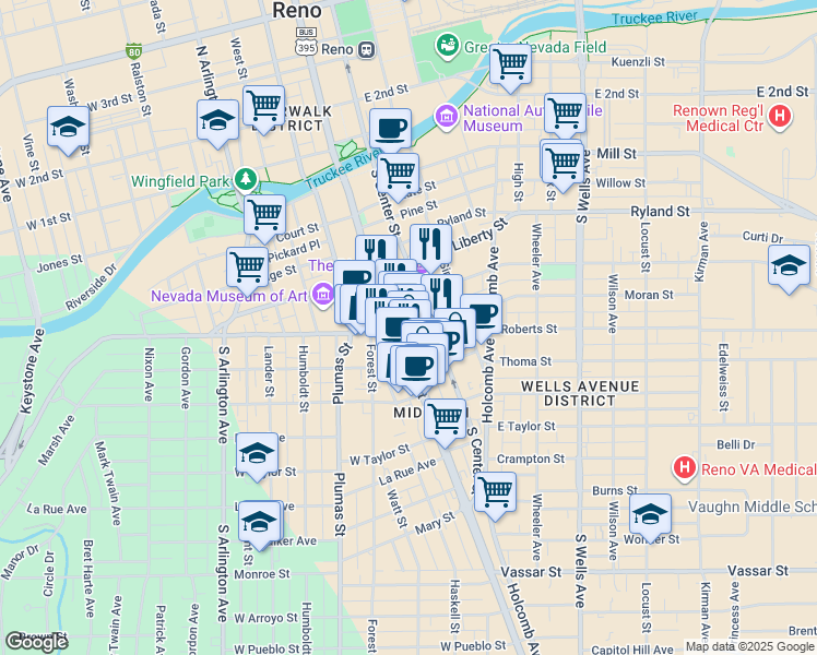 map of restaurants, bars, coffee shops, grocery stores, and more near 599 South Center Street in Reno