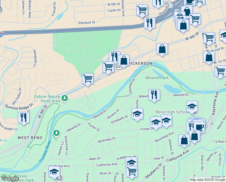 map of restaurants, bars, coffee shops, grocery stores, and more near 2300 Dickerson Road in Reno