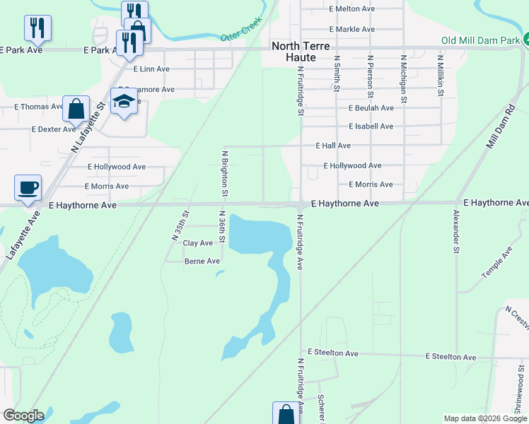 map of restaurants, bars, coffee shops, grocery stores, and more near 3401-3549 East Haythorne Avenue in Terre Haute