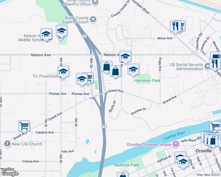 map of restaurants, bars, coffee shops, grocery stores, and more near 264 Grand Avenue in Oroville