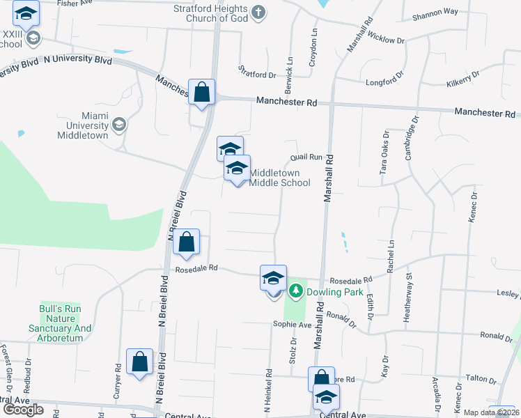 map of restaurants, bars, coffee shops, grocery stores, and more near 4535 Rosewood Court in Middletown