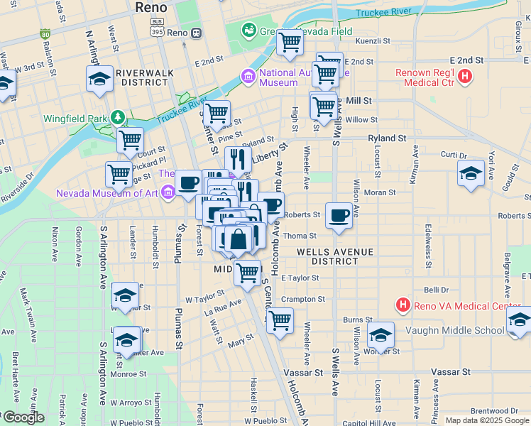 map of restaurants, bars, coffee shops, grocery stores, and more near 181 Moran Street in Reno
