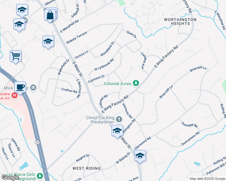 map of restaurants, bars, coffee shops, grocery stores, and more near 22 Colonial Road in Bel Air