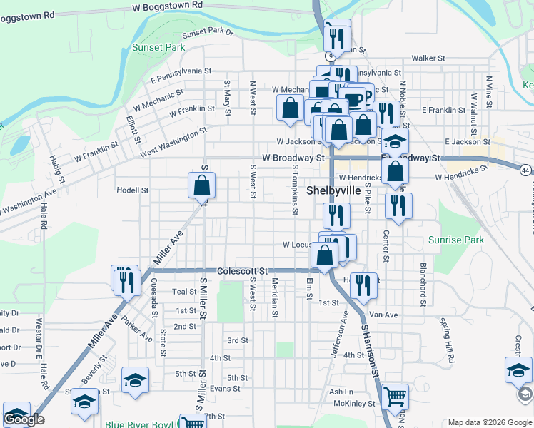 map of restaurants, bars, coffee shops, grocery stores, and more near 237 West Taylor Street in Shelbyville