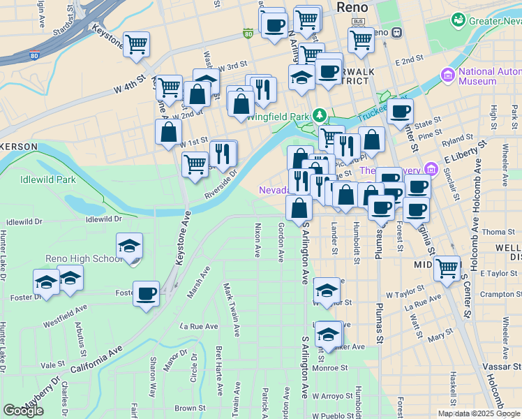 map of restaurants, bars, coffee shops, grocery stores, and more near 599 California Avenue in Reno