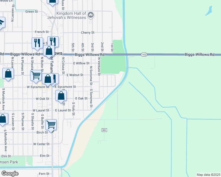 map of restaurants, bars, coffee shops, grocery stores, and more near 816 East Sycamore Street in Willows