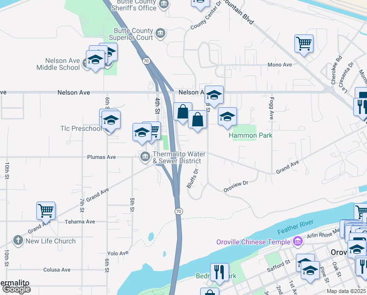 map of restaurants, bars, coffee shops, grocery stores, and more near 2030 3rd Street in Oroville