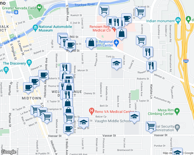 map of restaurants, bars, coffee shops, grocery stores, and more near 805 Roberts Street in Reno