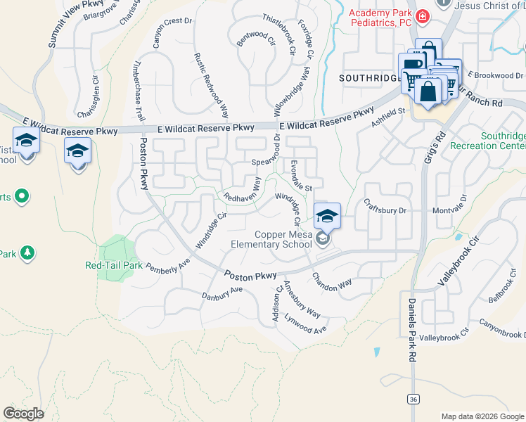 map of restaurants, bars, coffee shops, grocery stores, and more near 3025 Windridge Circle in Highlands Ranch