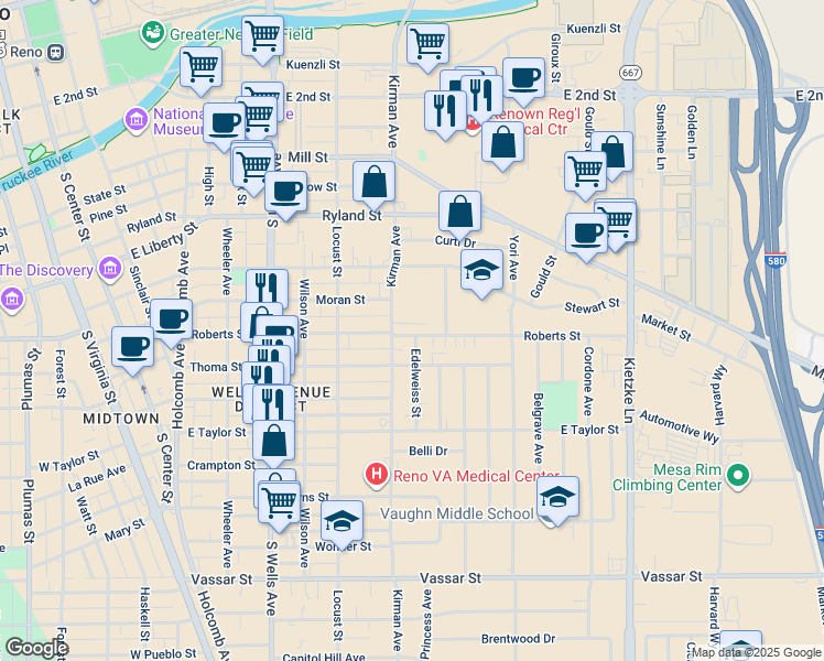 map of restaurants, bars, coffee shops, grocery stores, and more near 849 Roberts Street in Reno