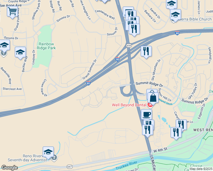 map of restaurants, bars, coffee shops, grocery stores, and more near 5165 Summit Ridge Court in Reno