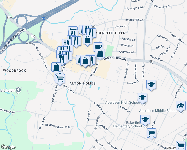 map of restaurants, bars, coffee shops, grocery stores, and more near 640 McHenry Road in Aberdeen