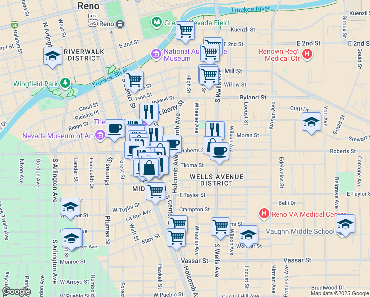map of restaurants, bars, coffee shops, grocery stores, and more near 520 Holcomb Avenue in Reno