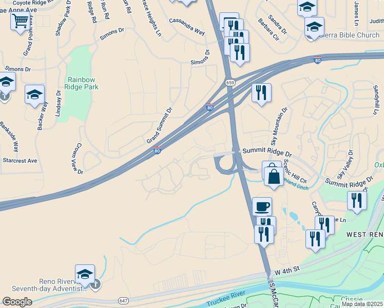 map of restaurants, bars, coffee shops, grocery stores, and more near 5165 Summit Ridge Court in Reno
