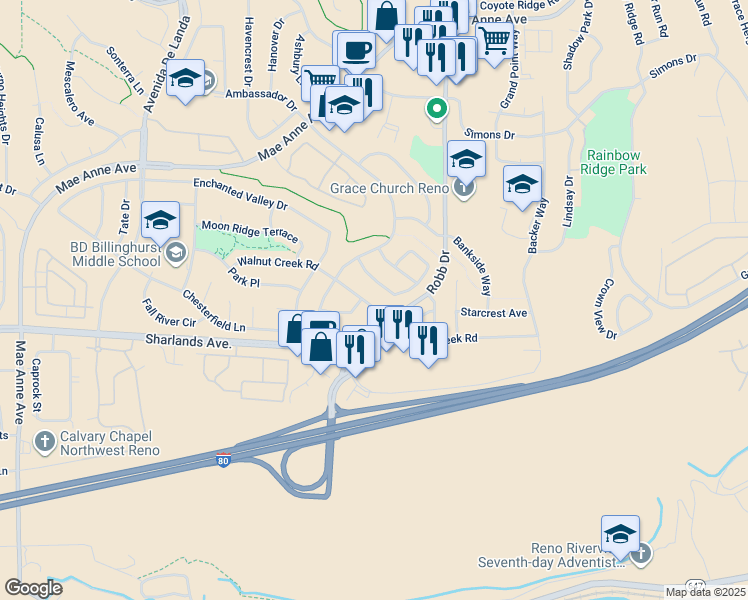 map of restaurants, bars, coffee shops, grocery stores, and more near 6016 White Water Way in Reno