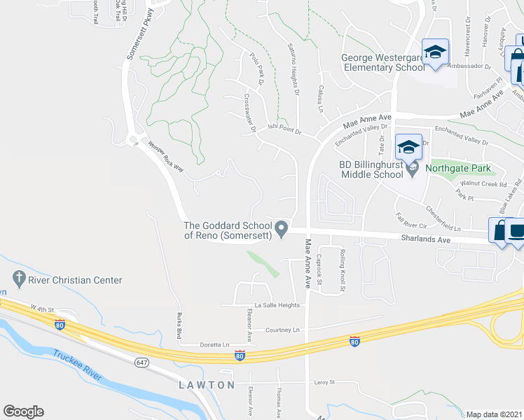 map of restaurants, bars, coffee shops, grocery stores, and more near 7160 Banbury Court in Reno