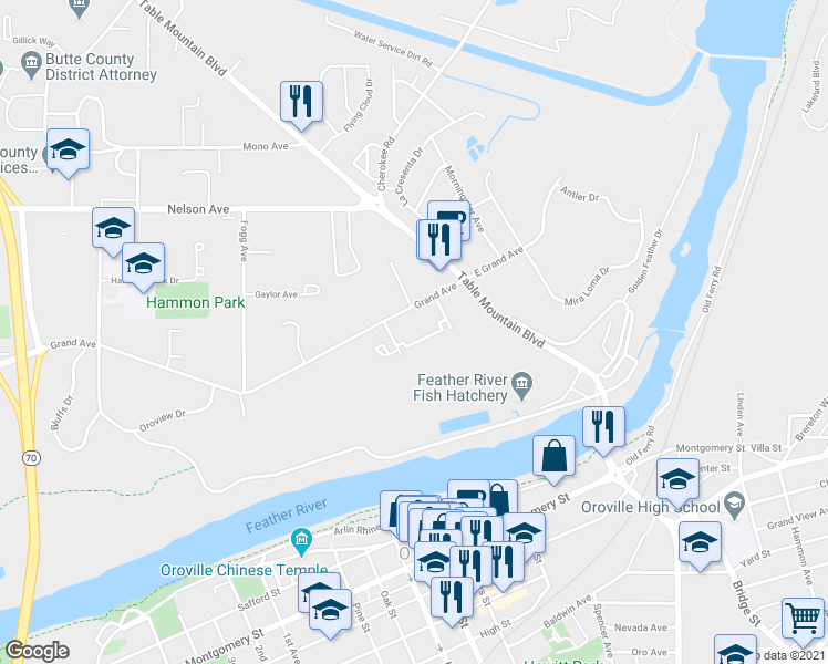 map of restaurants, bars, coffee shops, grocery stores, and more near 85 Tuscan Villa Drive in Oroville