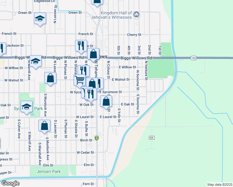 map of restaurants, bars, coffee shops, grocery stores, and more near 336 East Sycamore Street in Willows