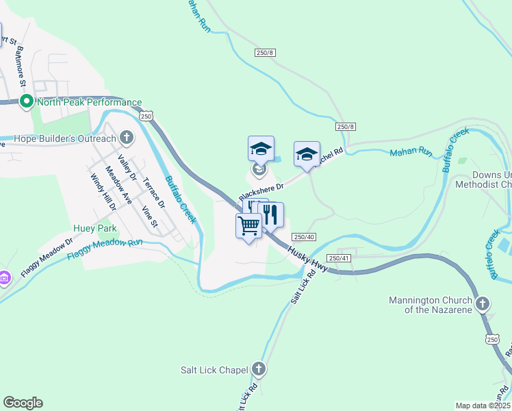map of restaurants, bars, coffee shops, grocery stores, and more near 5184 Husky Highway in Mannington