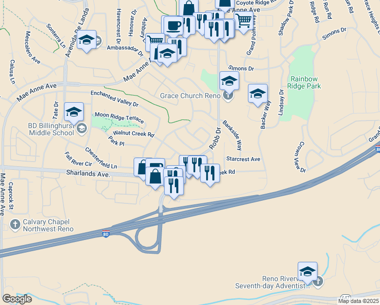 map of restaurants, bars, coffee shops, grocery stores, and more near 6016 White Water Way in Reno