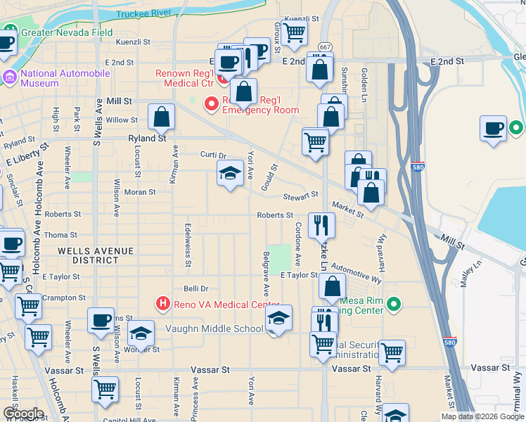 map of restaurants, bars, coffee shops, grocery stores, and more near 1295 Roberts St in Reno