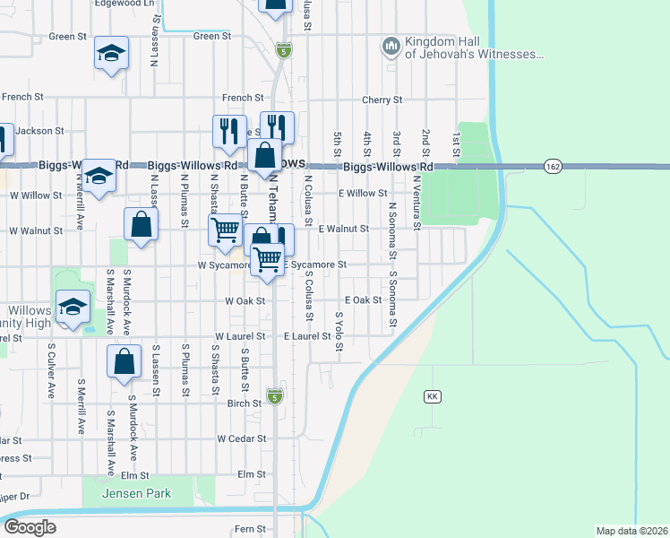 map of restaurants, bars, coffee shops, grocery stores, and more near 117 South Yolo Street in Willows