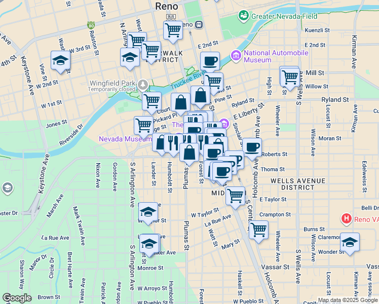 map of restaurants, bars, coffee shops, grocery stores, and more near 111 California Avenue in Reno