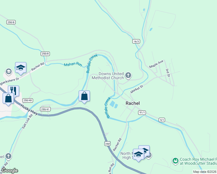 map of restaurants, bars, coffee shops, grocery stores, and more near 99 County Road 250/41 in Mannington