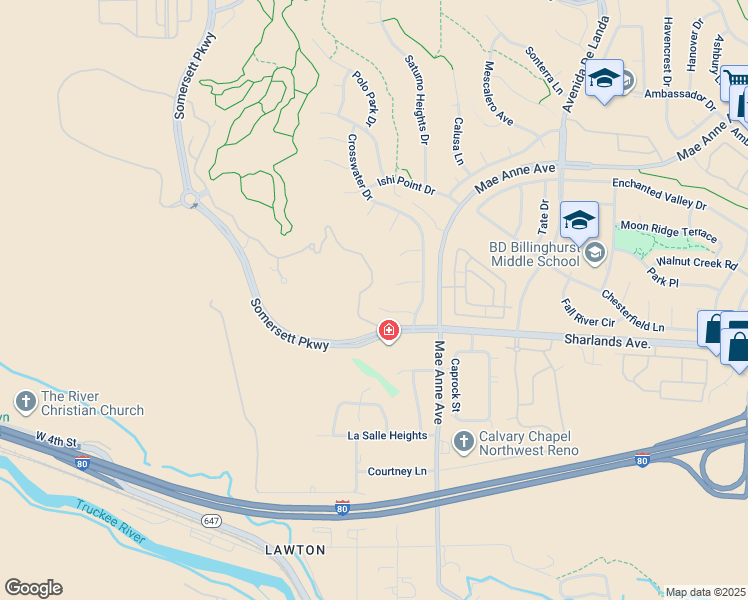 map of restaurants, bars, coffee shops, grocery stores, and more near 7160 Banbury Court in Reno