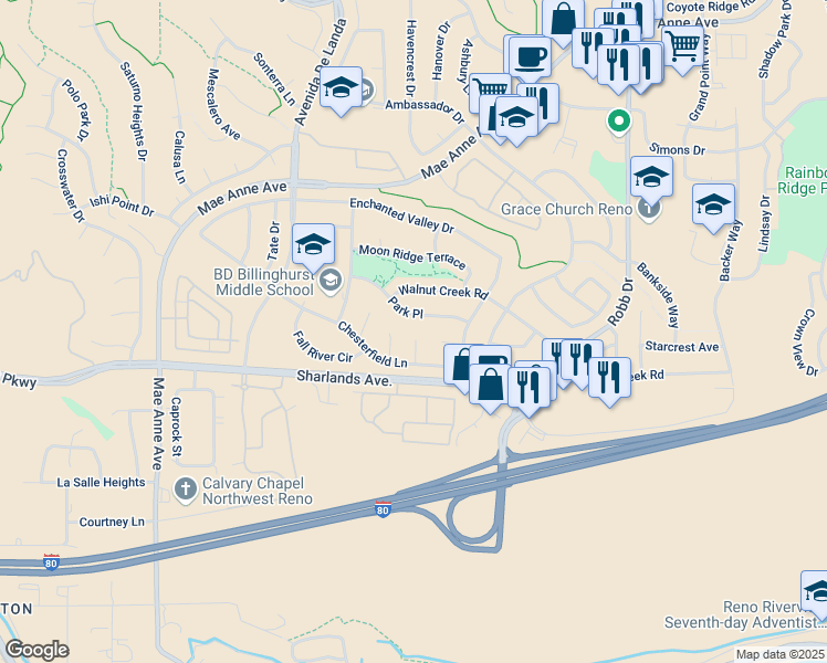 map of restaurants, bars, coffee shops, grocery stores, and more near 1109 Chesterfield Court in Reno