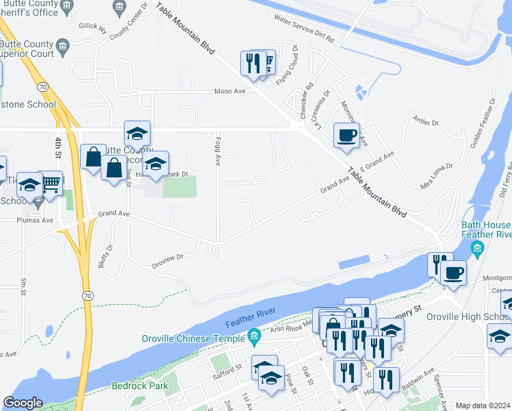 map of restaurants, bars, coffee shops, grocery stores, and more near 12 Wild Flower Terrace in Oroville