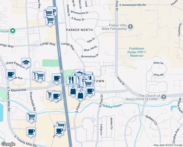 map of restaurants, bars, coffee shops, grocery stores, and more near 19716 Crestwood Ct in Parker