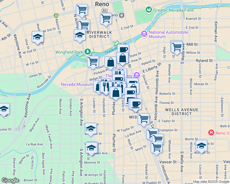 map of restaurants, bars, coffee shops, grocery stores, and more near 121 California Avenue in Reno